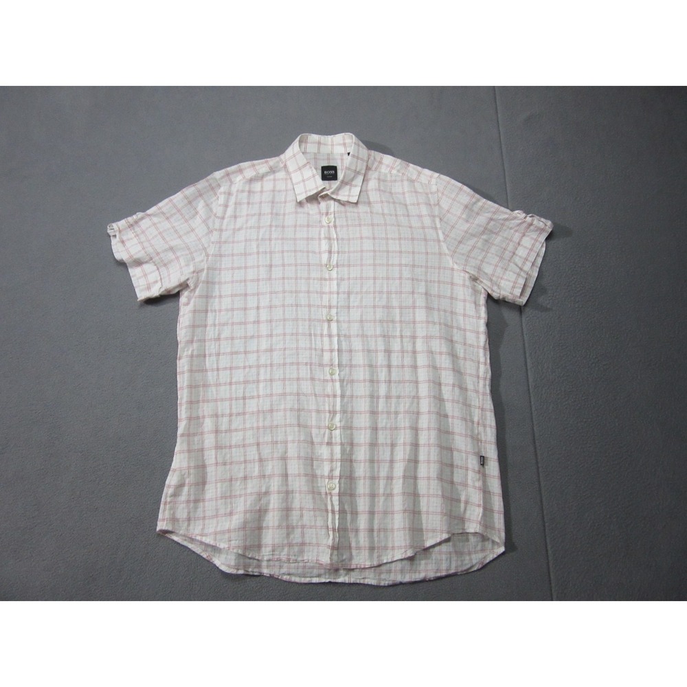 Hugo Boss Button Up Mens M White Pink Excellent Fitted Plaid Short Sleeve Shirt